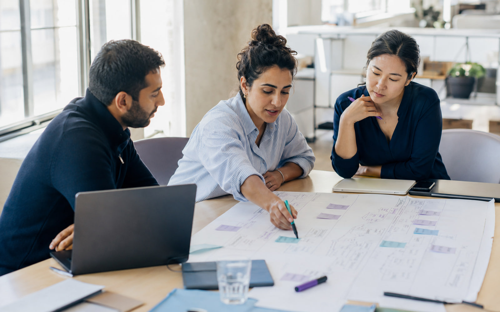 Cross-functional team reviewing customer workflows together